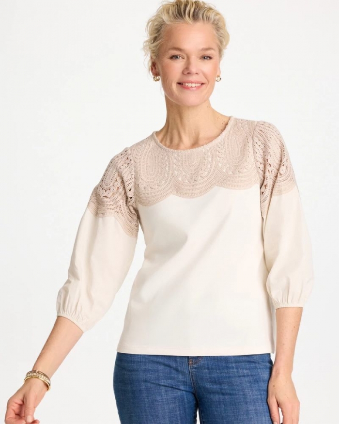 Chicos Lace Crochet Sleeve Tee - ECRU