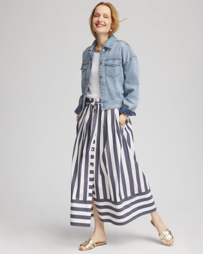 Chicos Midi Striped Skirt - PASSPORT BLUE