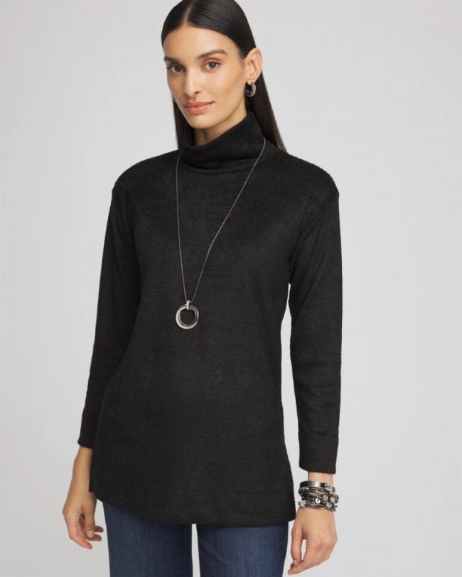 Chicos Cozy Mock Neck Jacquard Tunic - BLACK