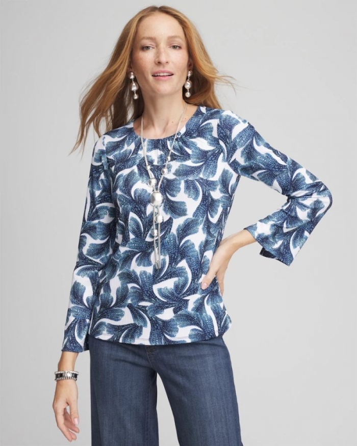 Chicos Ribbed Ruched-Neck Top - PASSPORT BLUE