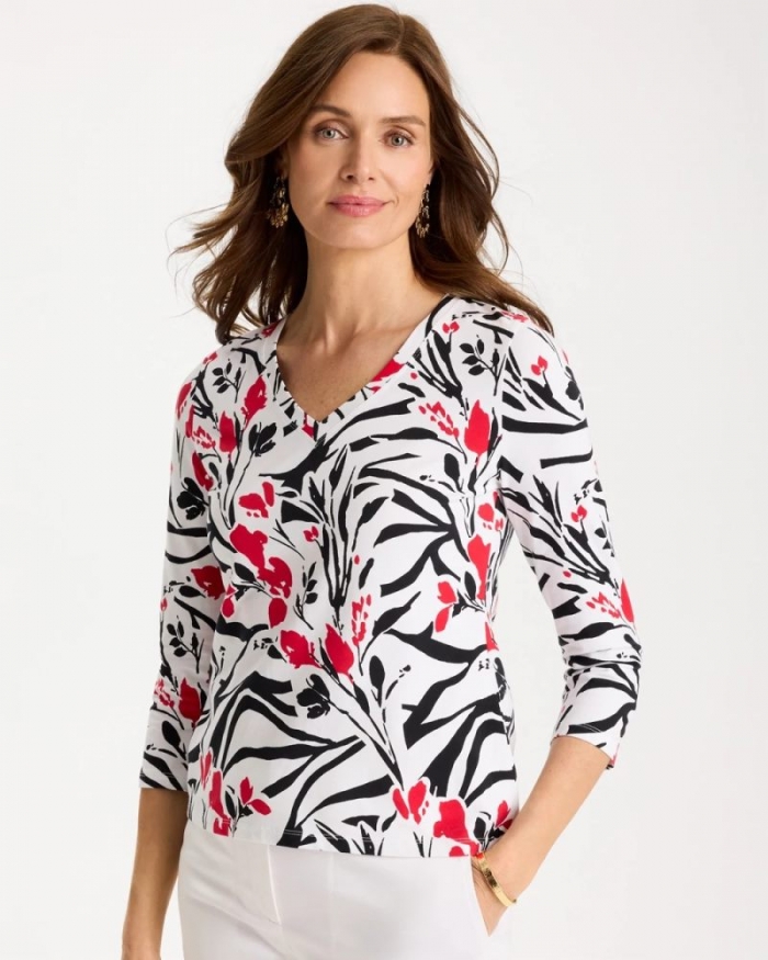 Chicos Cotton Stretch 3/4 Sleeve Floral Tee - BLACK