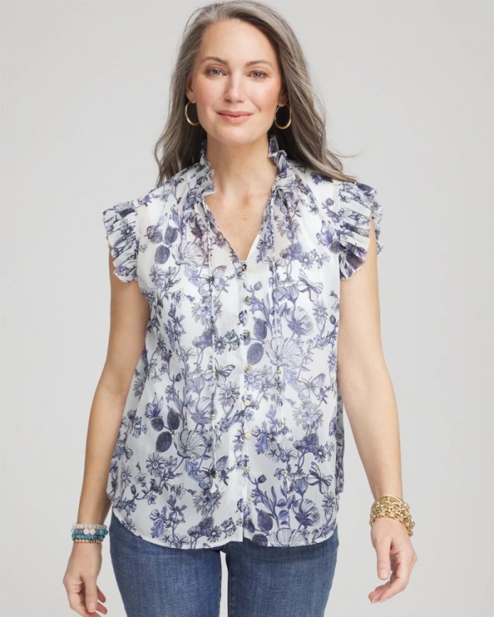 Chicos Butterfly Ruffle Collar Blouse - PALE TURQ BLUE