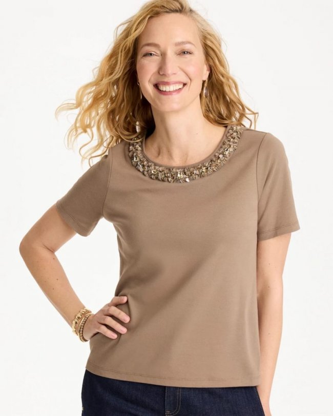 Chicos Cotton Sequin Tee - TOPAZ SMOKE
