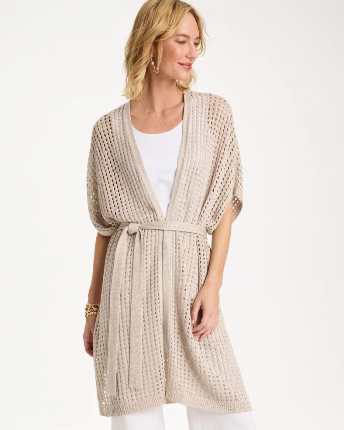 Chicos Crochet Knit Belted Ruana - NEUTRAL