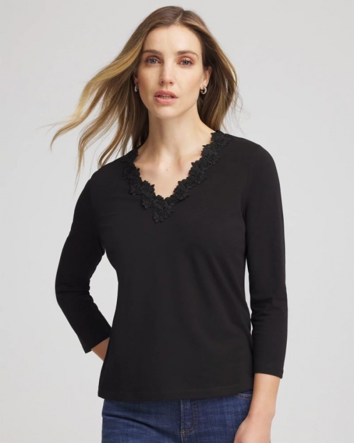 Chicos Lace Stretch-Cotton Tee - BLACK