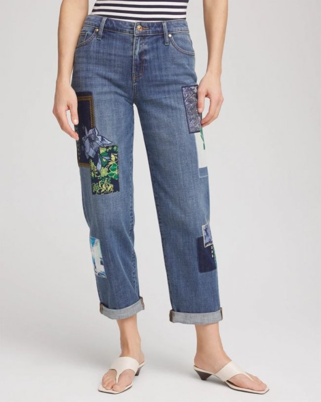 Chicos Boyfriend Patchwork Cropped Jeans - WHIMSICAL INDIGO