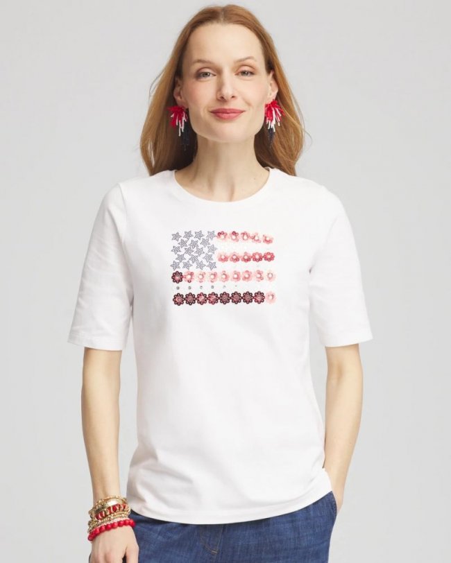 Chicos Flag Embellished Knit Tee - ALABASTER