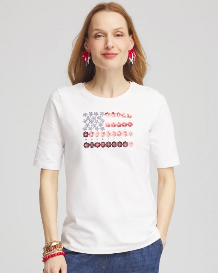 Chicos Flag Embellished Knit Tee - ALABASTER