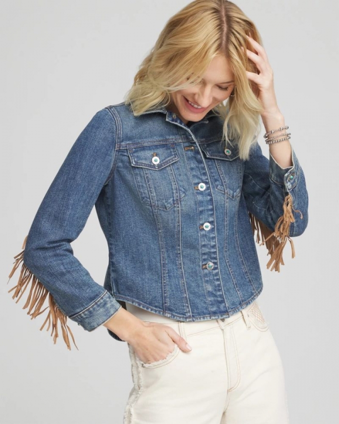 Chicos Cropped-Fit Fringe Denim Jacket - TOLEDO INDIGO
