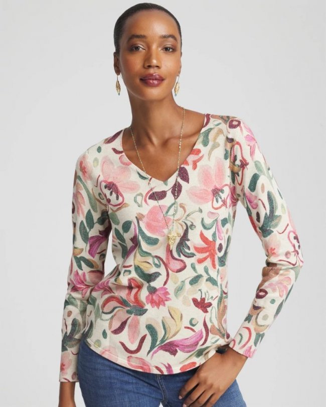 Chicos Ella V-Neck Floral Pullover Sweater - ENGLISH CREAM