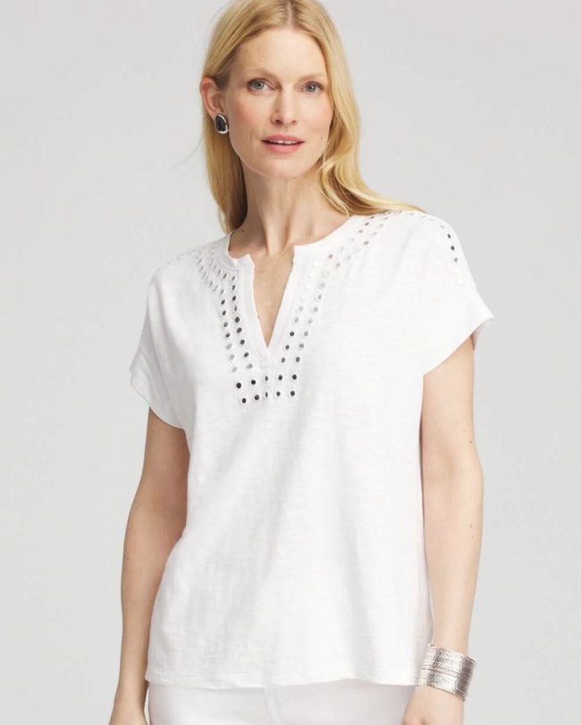 Chicos Paillette Trim Cotton Slub Tee - ALABASTER