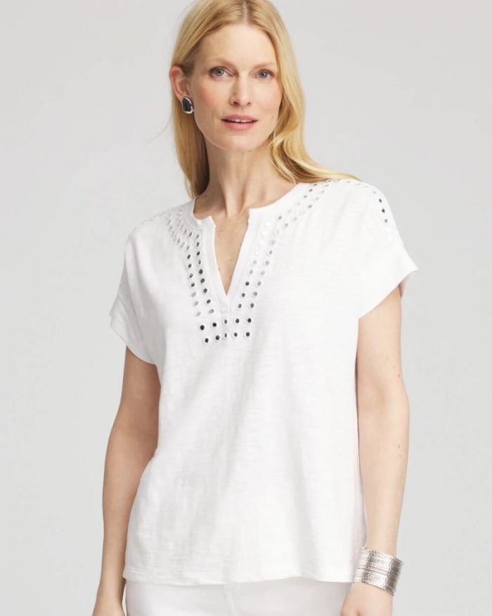 Chicos Paillette Trim Cotton Slub Tee - ALABASTER