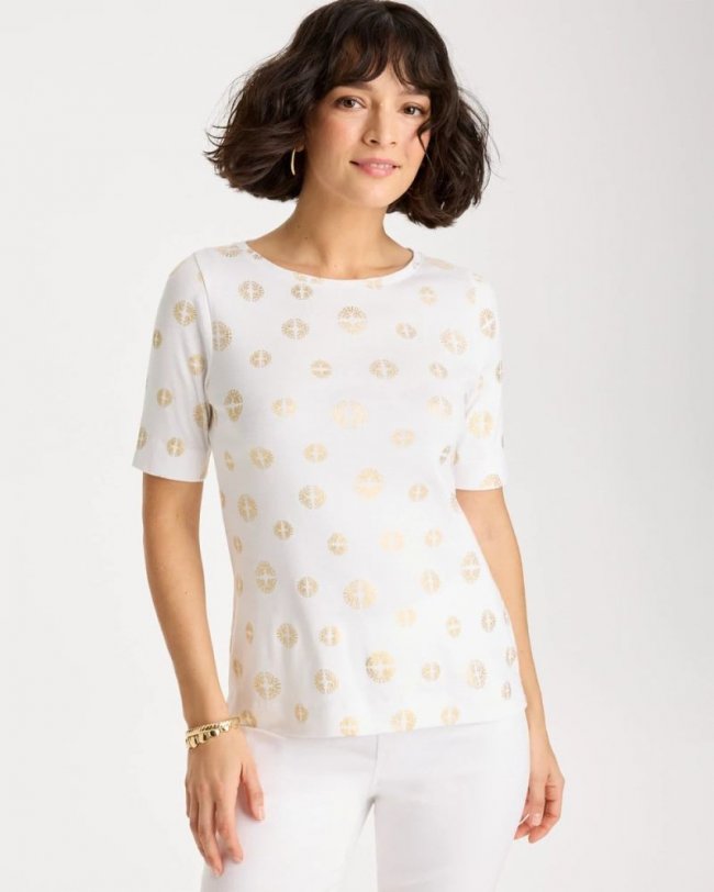 Chicos Stamped Pima Elbow Sleeve Tee - ALABASTER
