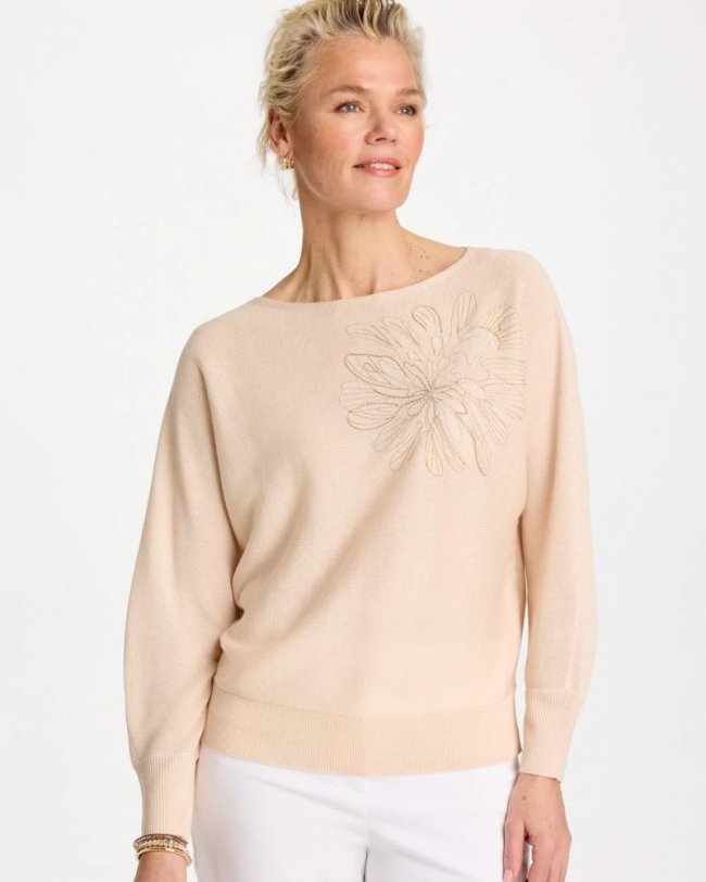 Chicos Embroidered 3/4 Sleeve Sweater - NEUTRAL Chicos Embroidered 3/4 Sleeve Sweater - NEUTRAL