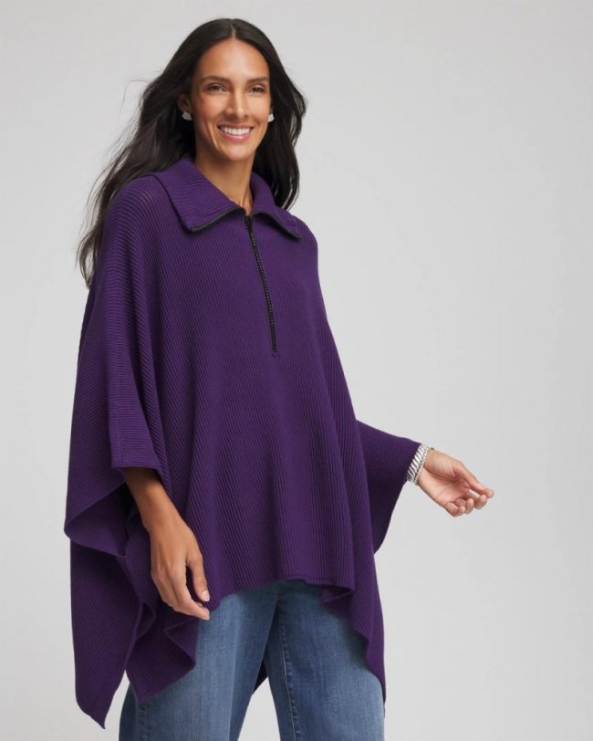 Chicos Rhinestone Zip-Collar Sweater Poncho - PURPLE ELIXIR