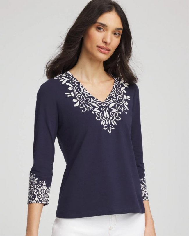 Chicos Chic Scroll 3/4 Sleeve Perfect Tee - PASSPORT BLUE