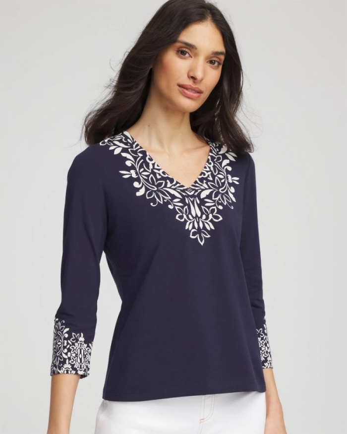 Chicos Chic Scroll 3/4 Sleeve Perfect Tee - PASSPORT BLUE