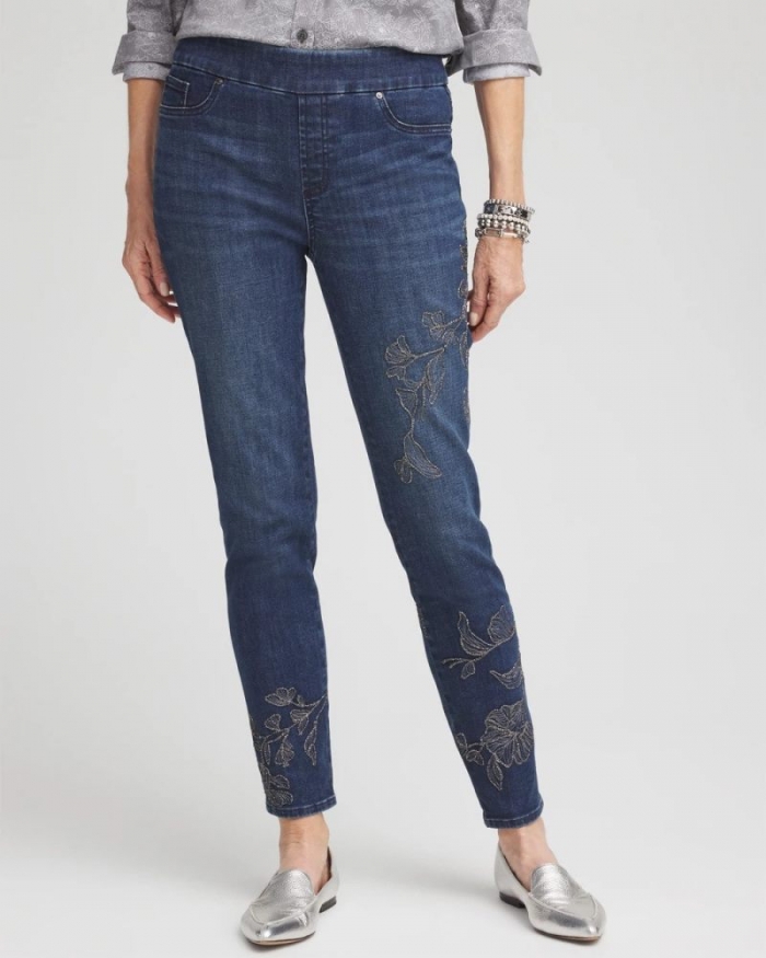 Chicos Floral Embroidered Pull-On Ankle Jeggings - ALTAIR INDIGO