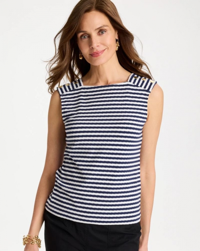 Chicos Cotton Striped Button Tee - PASSPORT BLUE