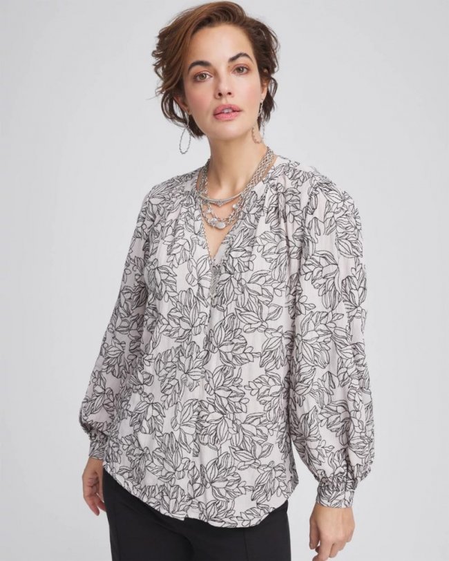 Chicos Crepe Embroidered Blouse - SMOKEY TAUPE