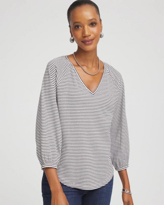 Chicos Striped Crinkled Raglan Top - ALABASTER