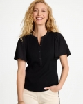 Chicos Rib Knit Woven Flutter Sleeve Tee - BLACK