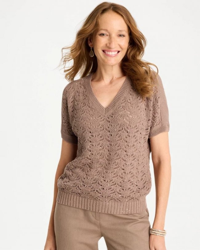Chicos Sequin Pointelle Pullover - TOPAZ SMOKE