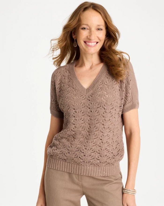 Chicos Sequin Pointelle Pullover - TOPAZ SMOKE