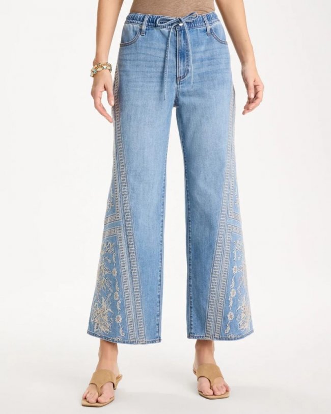 Chicos Floral Geo Wide-Leg Drawstring Jeans - INDIGO
