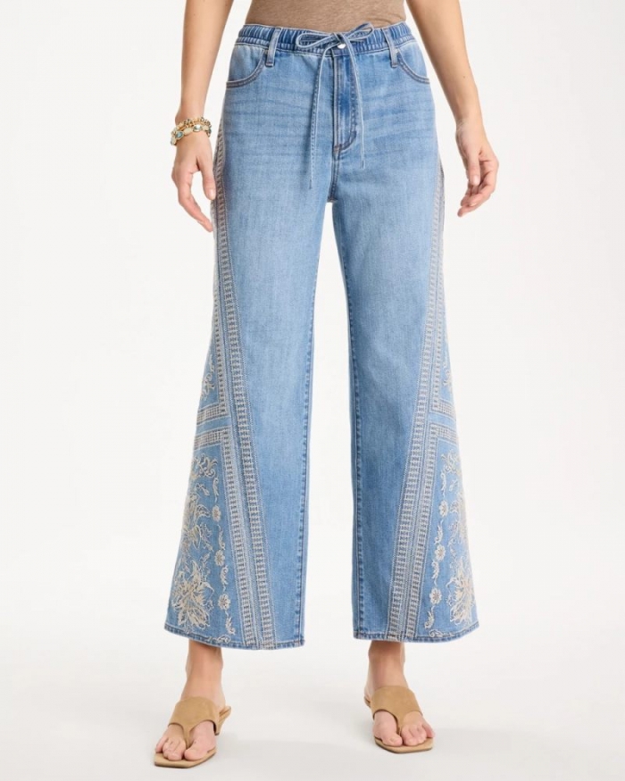 Chicos Floral Geo Wide-Leg Drawstring Jeans - INDIGO