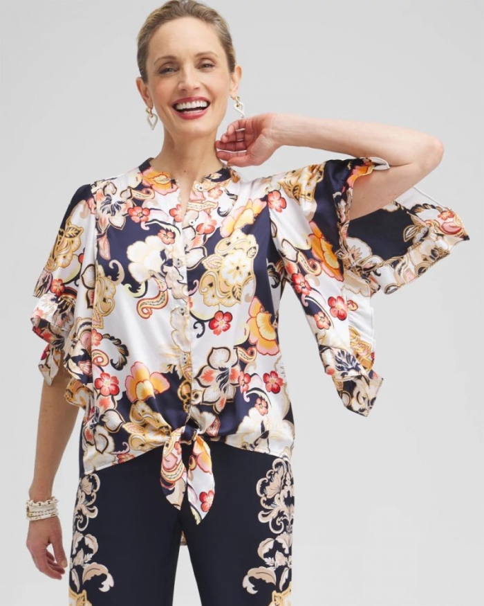Chicos Satin Ruffle Sleeve Tie Front Shirt - CLASSIC NAVY