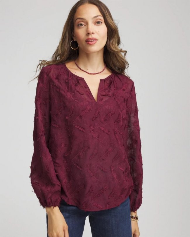 Chicos Feathered Pullover Peasant Blouse - DEEP CHIANTI