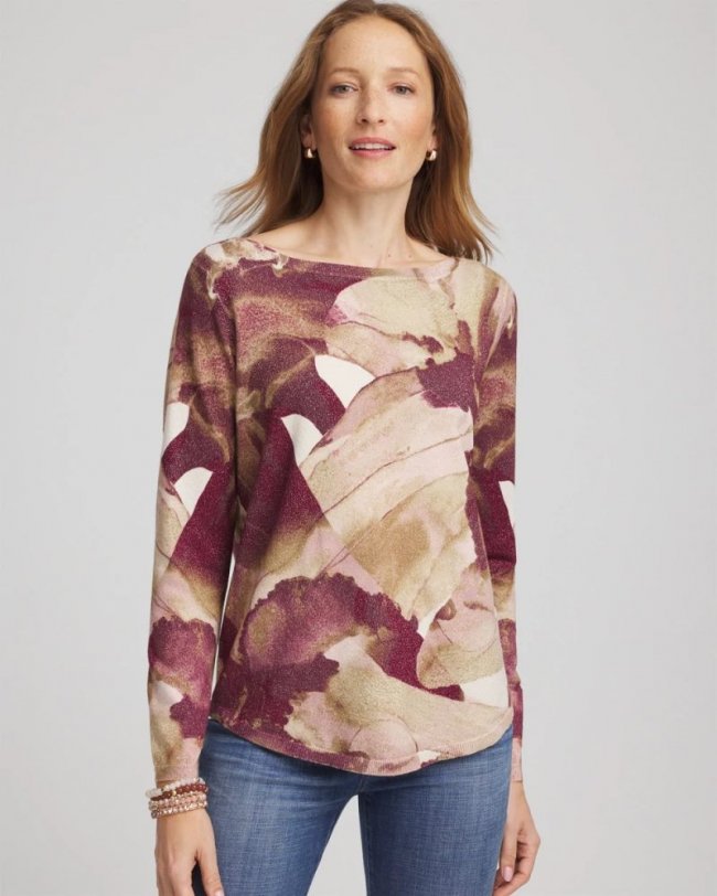 Chicos Ella Ocean Glitz Boatneck Sweater - PURPLE ROYALE