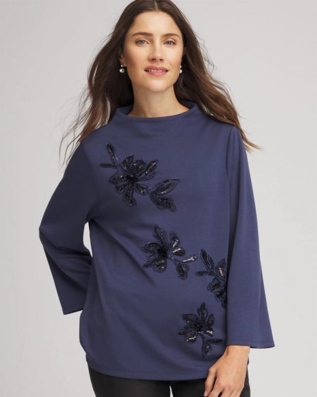 Chicos Embellished Structured Top - INDIGO SKY