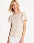 Chicos Pointelle Metallic Flutter-Sleeve Pullover - CREAM