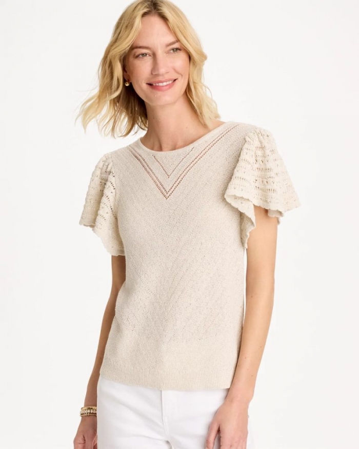 Chicos Pointelle Metallic Flutter-Sleeve Pullover - CREAM