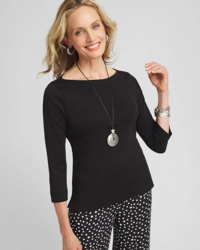 Chicos 3/4 Sleeve Bateau Neck Tee - BLACK