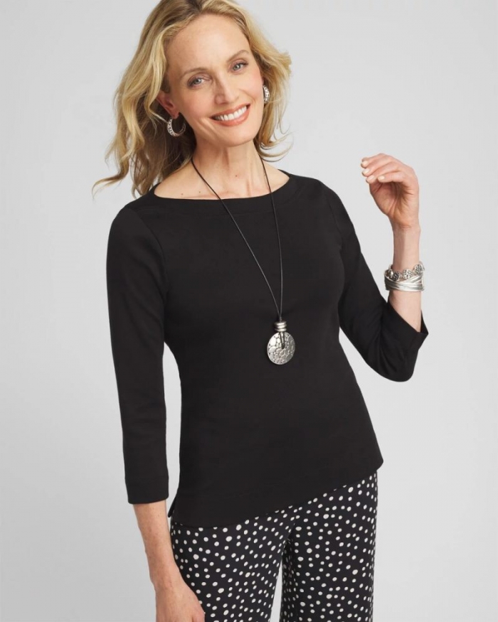 Chicos 3/4 Sleeve Bateau Neck Tee - BLACK