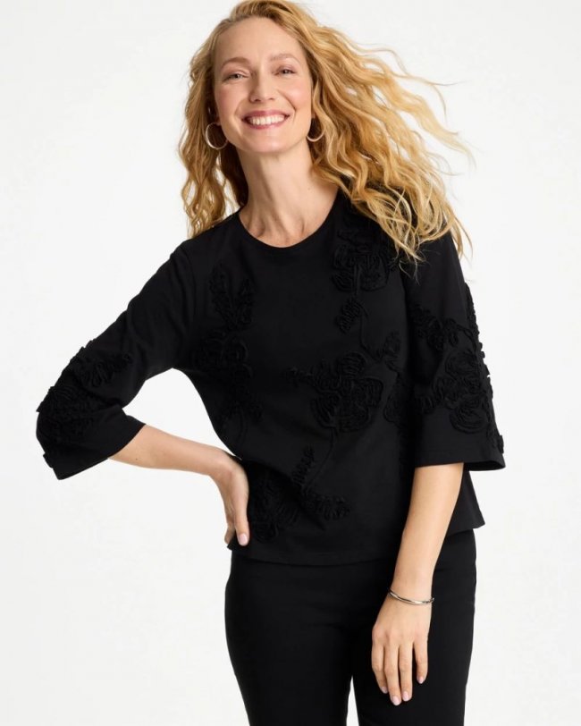 Chicos Soutache Elbow Sleeve Tee - BLACK