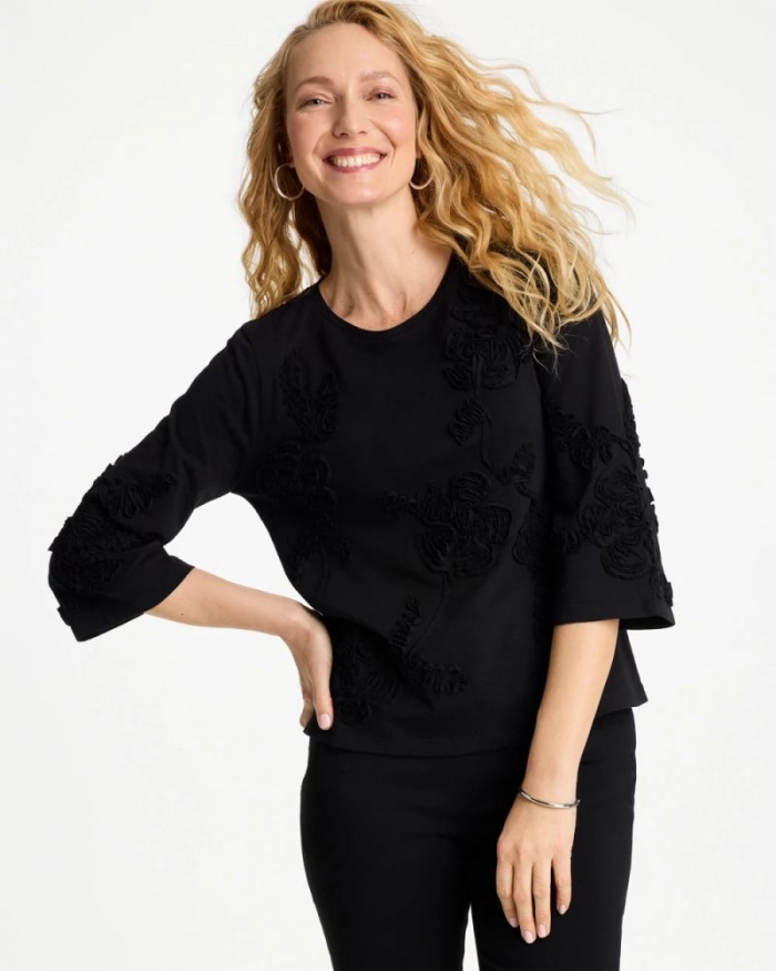 Chicos Soutache Elbow Sleeve Tee - BLACK