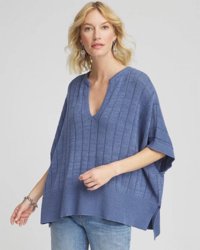 Chicos Open-Knit Splitneck Poncho - BLUE LOTUS