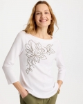 Chicos Embroidered Pima 3/4 Sleeve Tee - ALABASTER