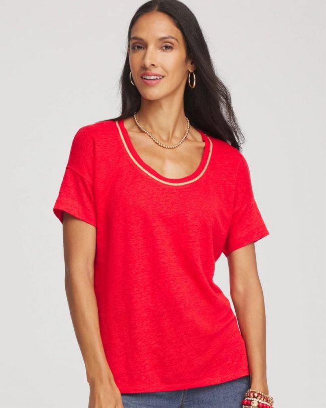 Chicos Sweater Trim Linen Tee - RED GLOW