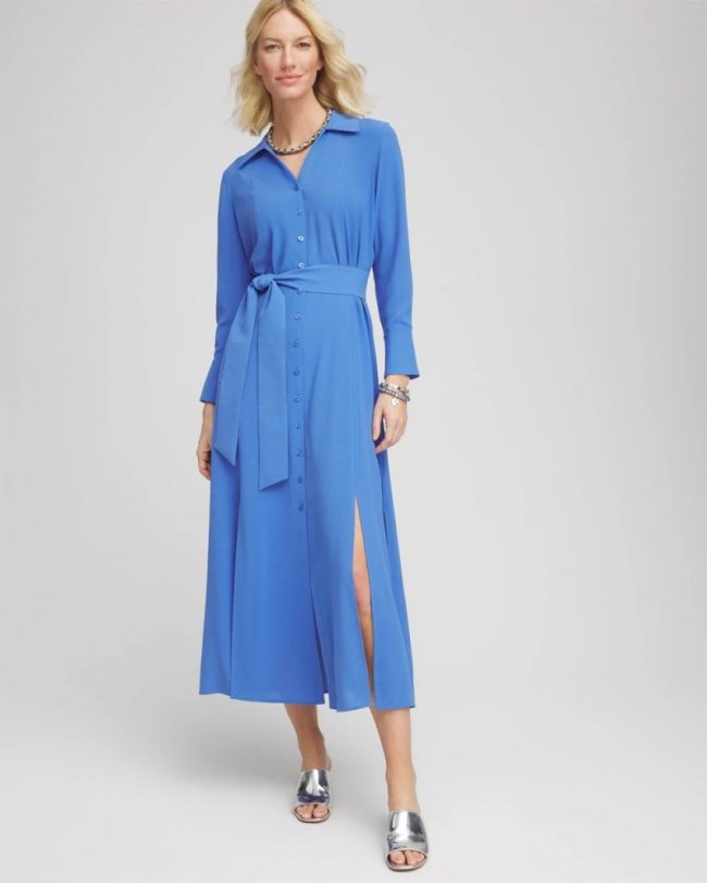 Chicos Belted Split Hem Maxi Shirtdress - BLUE PEARL