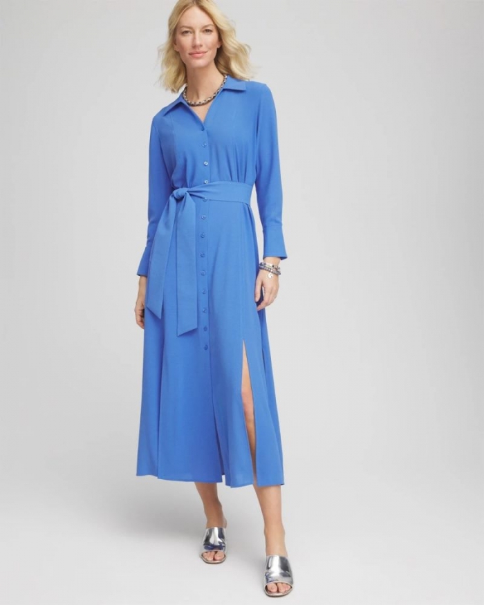 Chicos Belted Split Hem Maxi Shirtdress - BLUE PEARL