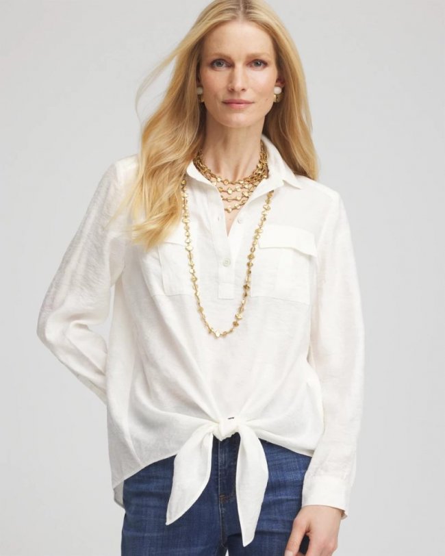 Chicos Textured Tie-Front Pullover Top - ECRU