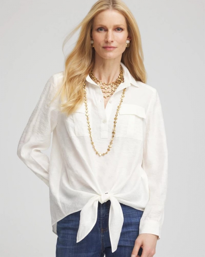 Chicos Textured Tie-Front Pullover Top - ECRU