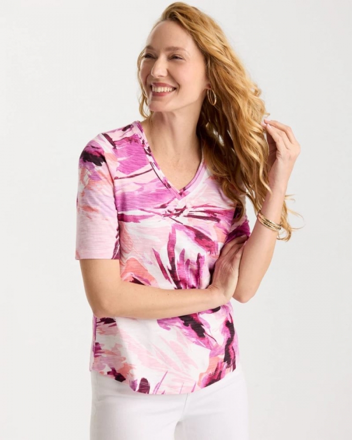 Chicos Printed Double V-Neck Slub Rib Tee - ECRU
