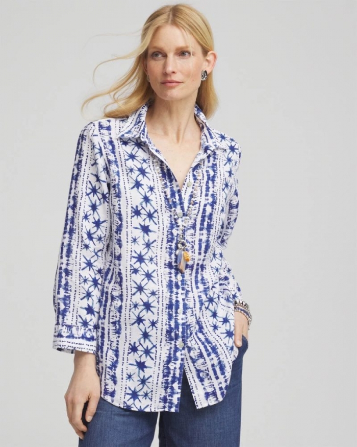 Chicos No Iron Star Print Linen Shirt - RICH COBALT