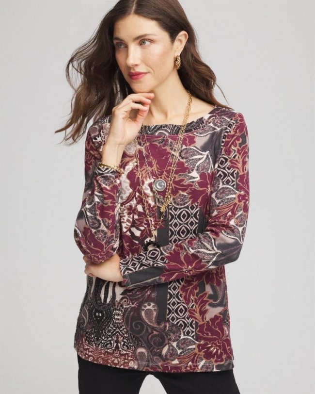 Chicos Printed Pima Cotton Bateau-Neck Tee - ROCKY MOUNTAIN